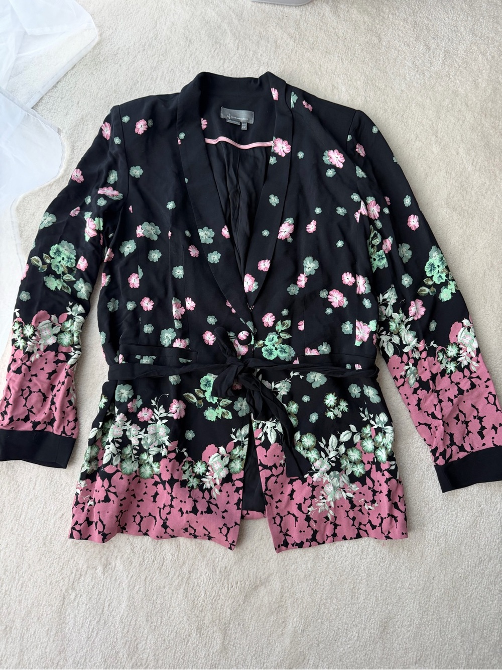 Anthropologie Black Floral Tie-Waist Blazer with Pink & Mint